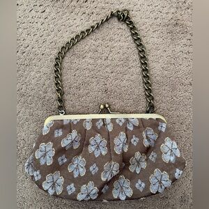 Brown Floral Embroidered Chain-Handle Clutch
